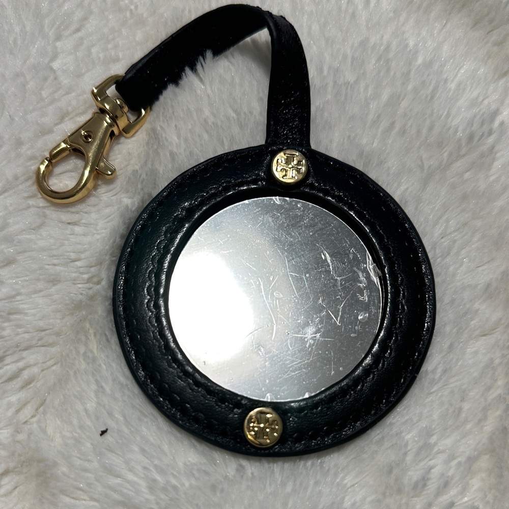 Tory Burch Black Leather Keychain/Bag Charm with Mirror